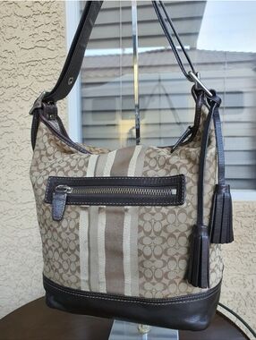 Coach Legacy 19918 Signature Stripe Duffle Brwn Leather Tassel Hobo Shoulder Bag